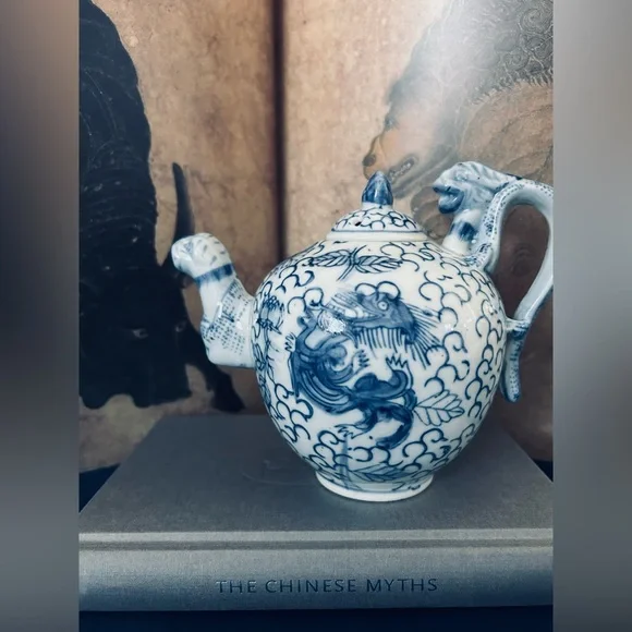 Vintage Small Asian Blue and White Dragon Teapot Ceramics